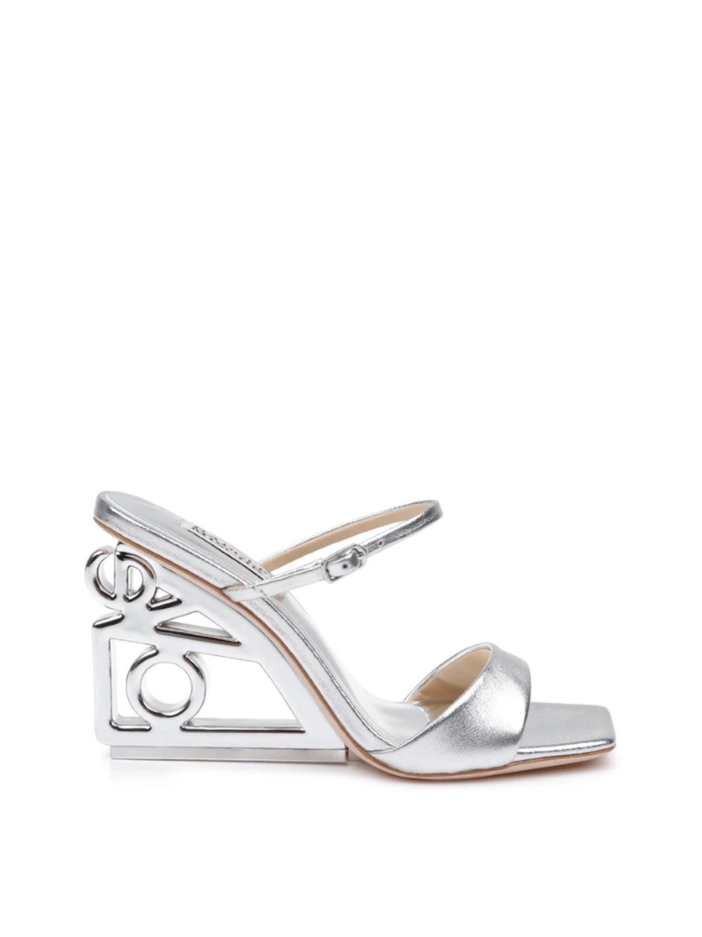 New Badgley Mischka Luna Mule With Sculptural Wedge Silver Love Sz 7.5